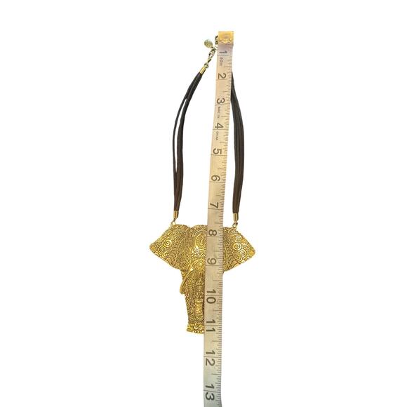 GUC Goldtone Zentangle Elephant Necklace Ornate Cord Strands Metal Clasp - Picture 3 of 3